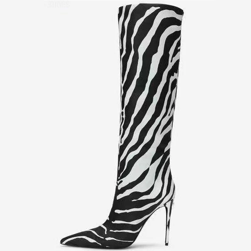 

Sexy Zebra Print High Boots 2022 Women's Winter Pointed Toe Thin Heel Knee Boots Fashion Party Shoes Botas De Mujer Plus Size