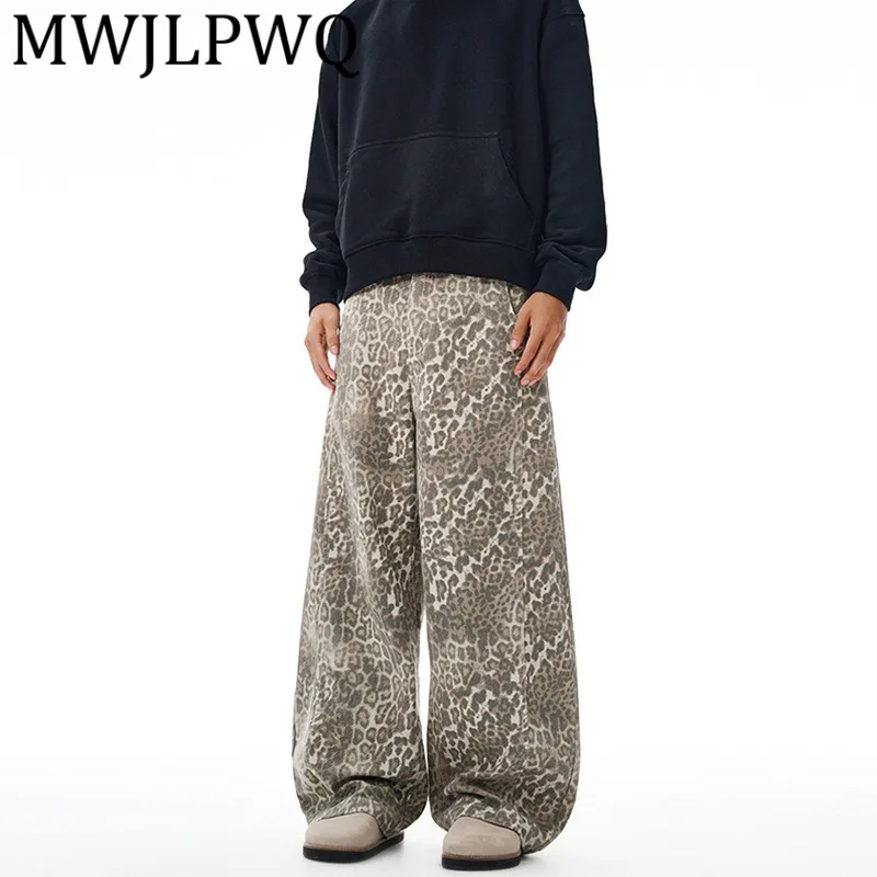 

MWJLPWQ Men's American Street Style Leopard Printed Machete Jeans Unisex Niche Design High Street Loose Fit Casual Pants 12510