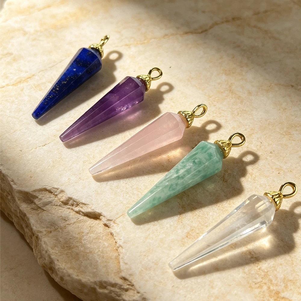 1PC Faceted Cone Natural Crystal Pendulum Pendant Pointed Gemstone Charm for DIY Necklace Women Jewelry Gold Plated P2D001