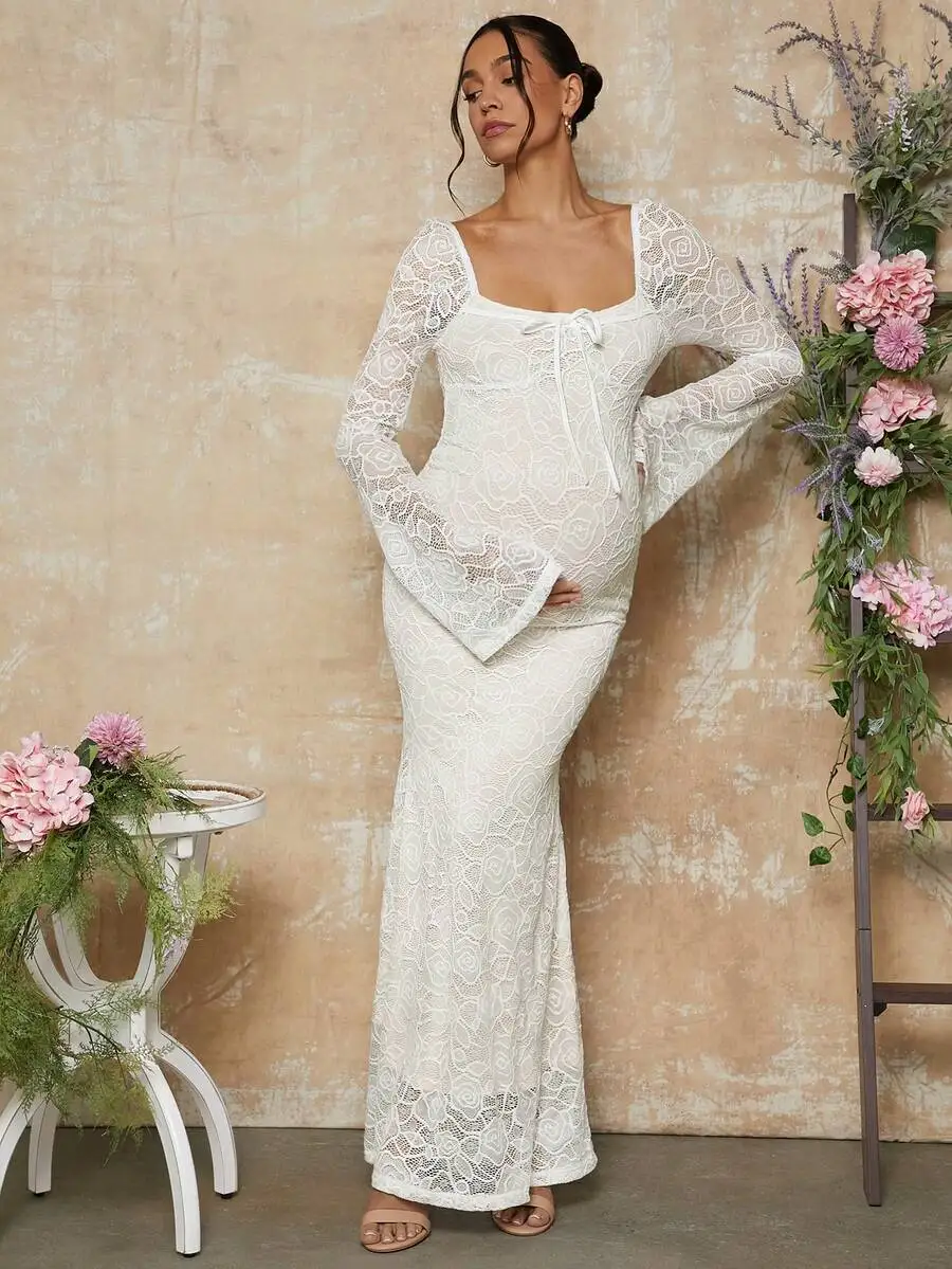 

White Lace Maternity Dress with Flare Sleeves and Square Neck