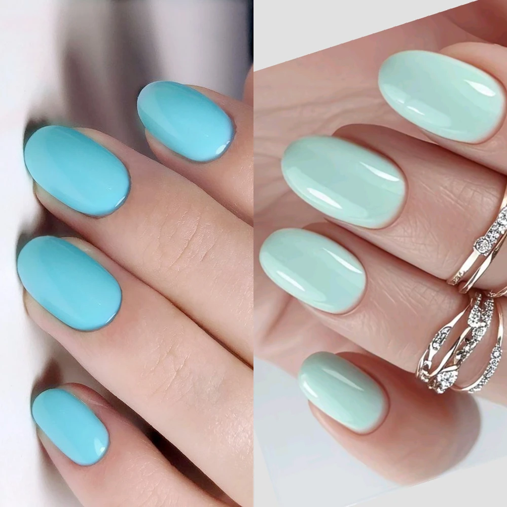 

2 Sets Shiny Blue Green Acrylic Fake Nails Press Ons With Glue Oval Shaped DIY False Nails Art Tips For Woman Manicure Accessory