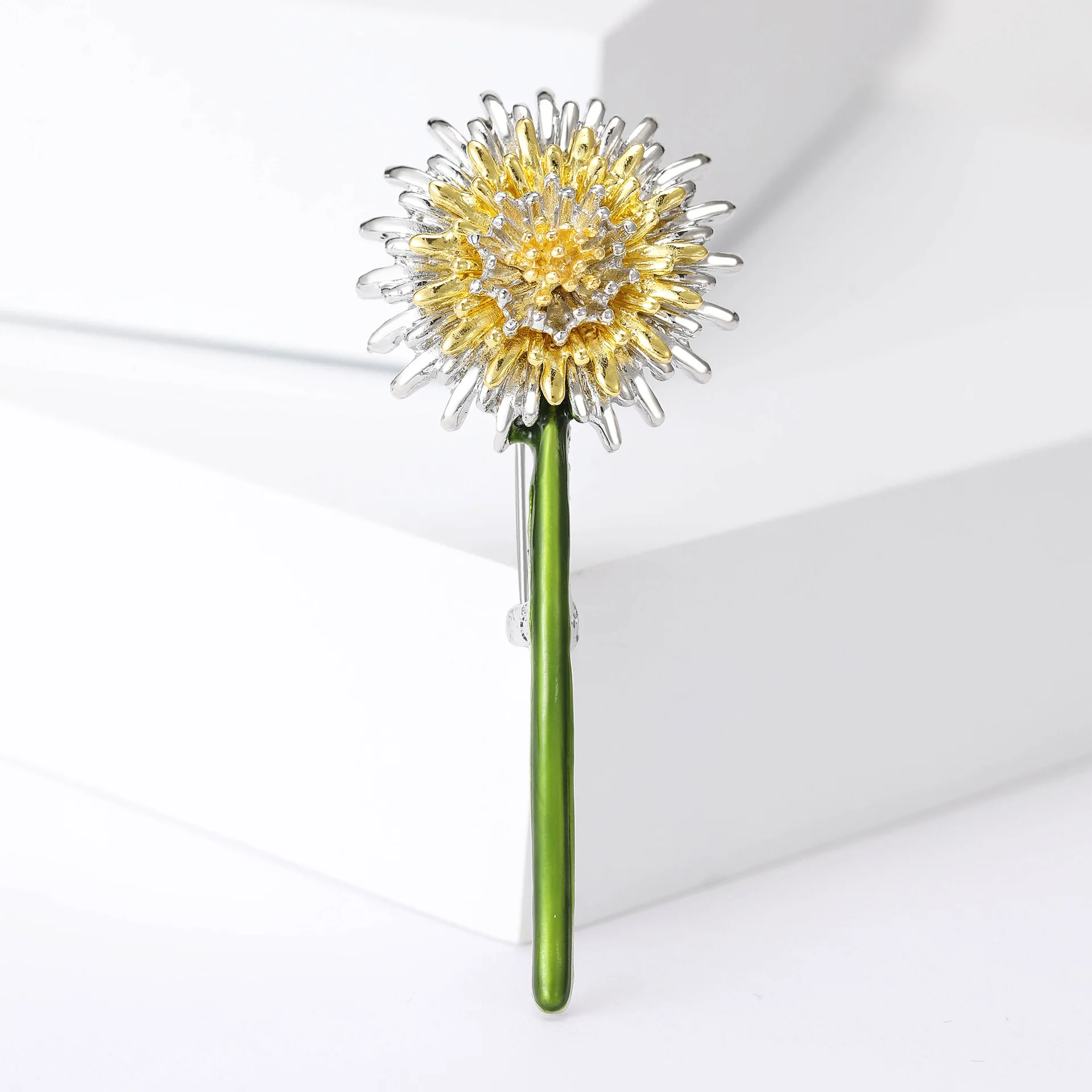 Yellow Flower Green Stem Dandelion Brooch, A Niche Design For Women, Personalized Brooch For Clothing, Anti-light Leakage Pin Ac