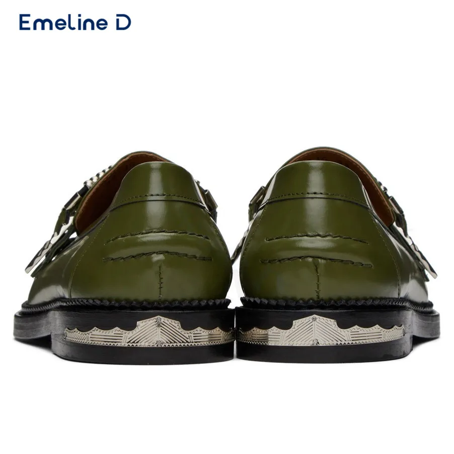 Metal Rivet Buckle Loafers Green Round Toe Slip-On Business Leather Shoes Personality Casual Large Size Loafers Men's Shoes