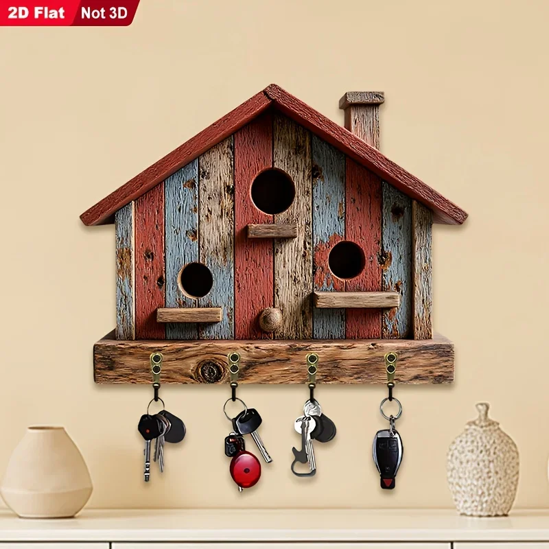 2D Flat, 1pc, Retro Wooden House Theme Key Hook, Wooden Multifunctional Home Key Rack, with Four Metal Hooks, Wall Decoration,