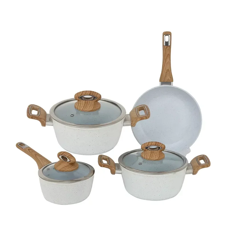 Granite Non Stick Aluminum Cookware Set Wok Pan with Wood Grain Handle and Tempered Glass Lid Kitchen Cooking Pots