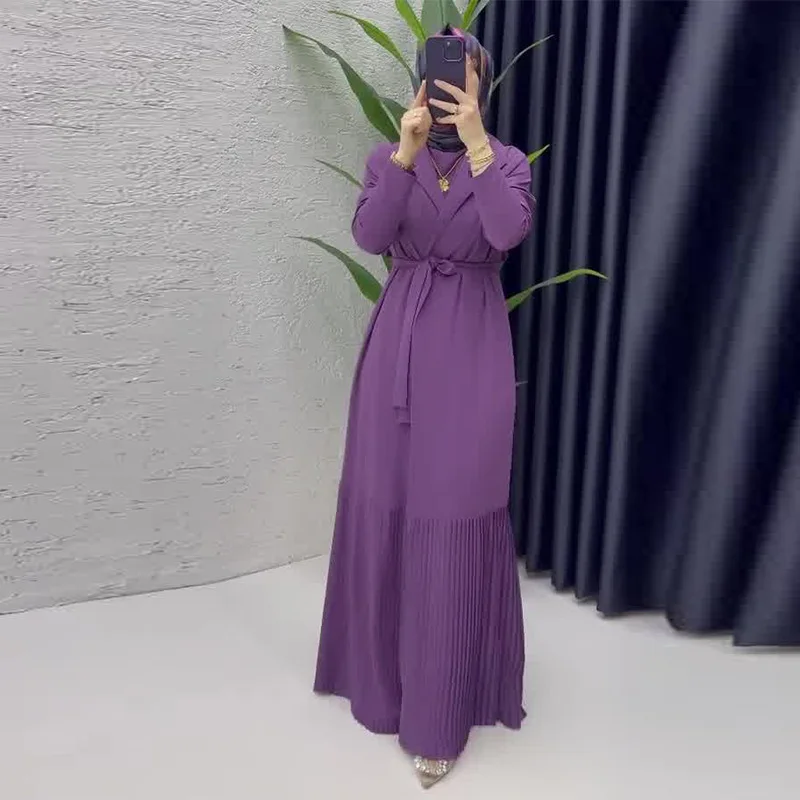 Modisches, lässiges Bankettkleid mit großem Saum, hohe Taille, plissiert, neues einfarbiges Kleid, Rundhalsausschnitt, langärmeliges Kleid