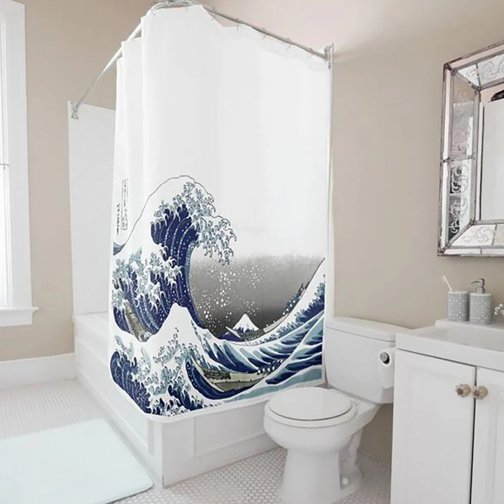 Waterproof Sea Wave Shower Curtain Mould Resistant Digital Printing Bathroom Drape Japanese Style