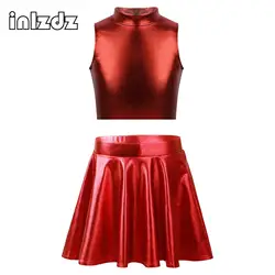 Kids Girl Metallic Hip Hop Jazz Street Dance Costume Shiny Crop Top with Pleated Skirt Set for Show Party Stage Performance