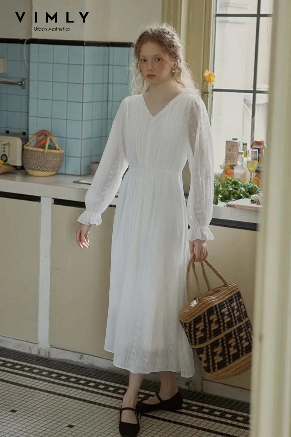 

VIMLY Women's Elegant Long Sleeve Dress 2026 Spring White Simple Embroidery V-Neck 100% Cotton Elastic Waist Loose Dress A0718