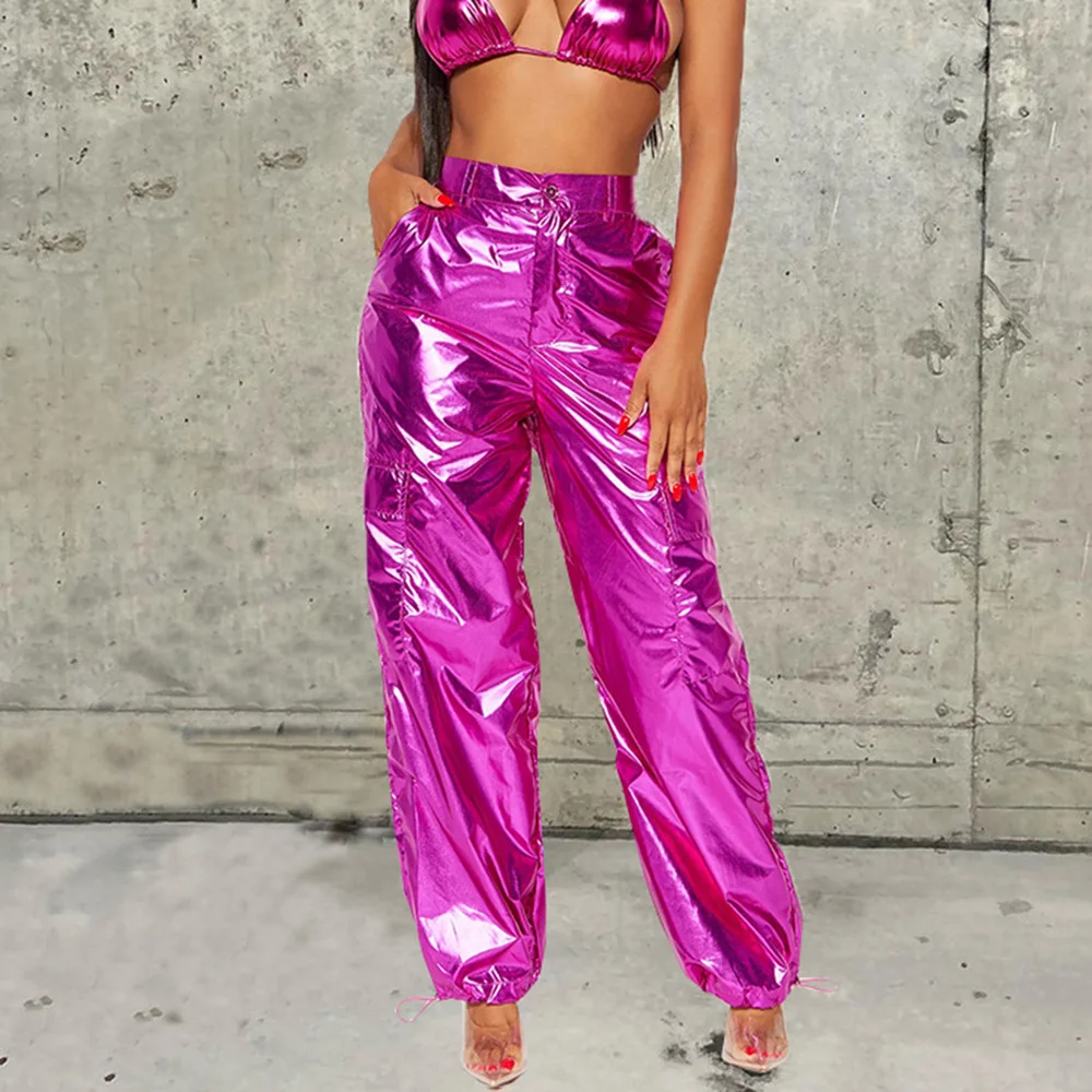Shiny Christmas Special Bright Color Elastic Zipper Cuffed Casual Pants Women's New Arrival 9598PD Polyester Fiber mid Stretch