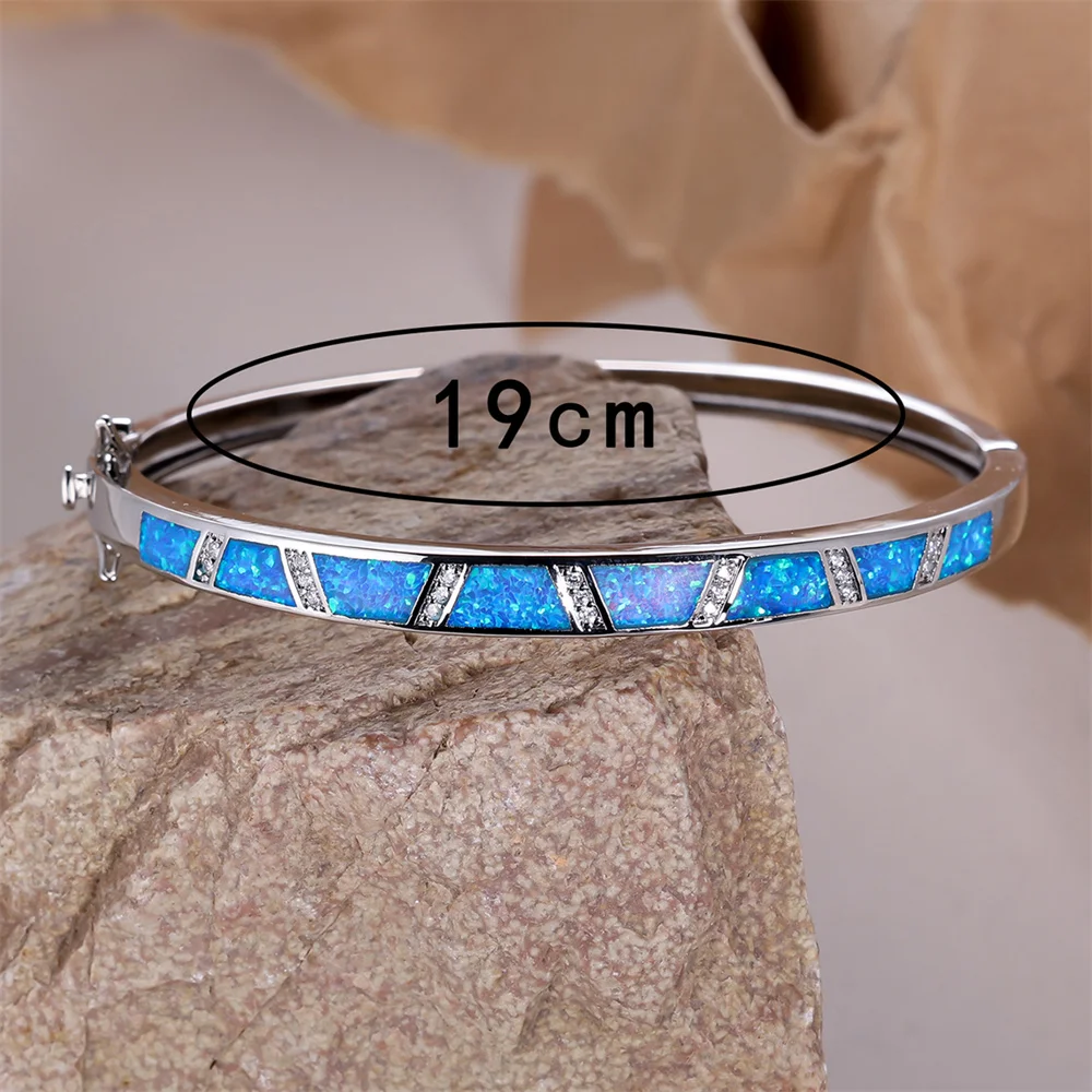 Blue Opal Stone White Zircon Bangle Bracelets For Women Vintage Silver Color Wedding Jewelry Couples Engagement Accessory Gifts