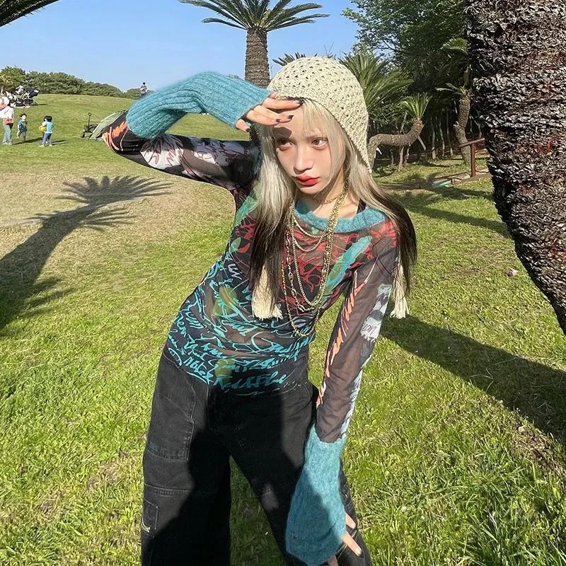 Y2k sexy renda malha ver através t camisa feminina verão streetwear impressão gráfica manga longa topo o pescoço carta magro 90s estética