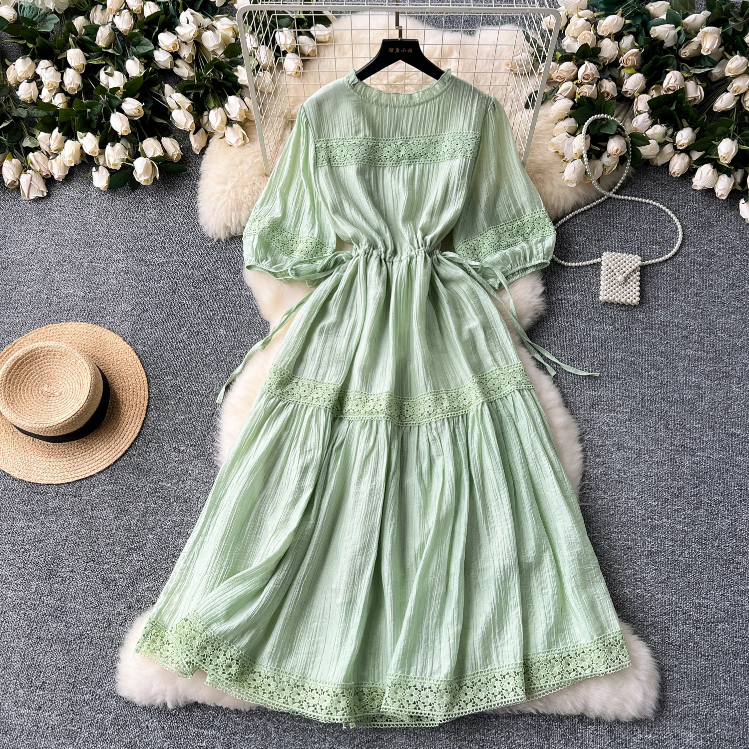 French series Bandage ruffle lace PATCHWORK Lantern Sleeve dress women\'s summer waist chiffon sweet dresses