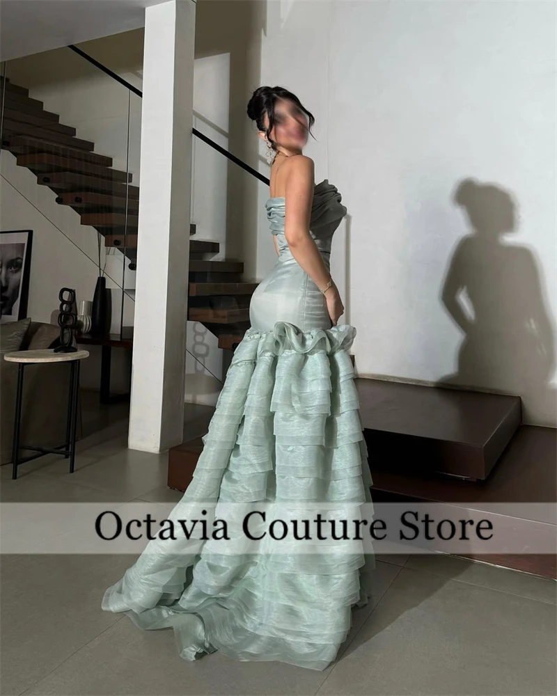 

Saudi Arabic Elegant Light Green strapless Evening Dresses 2025 Tiered Ruffles luxury Aline Women wedding Gown Custom فستان وردي