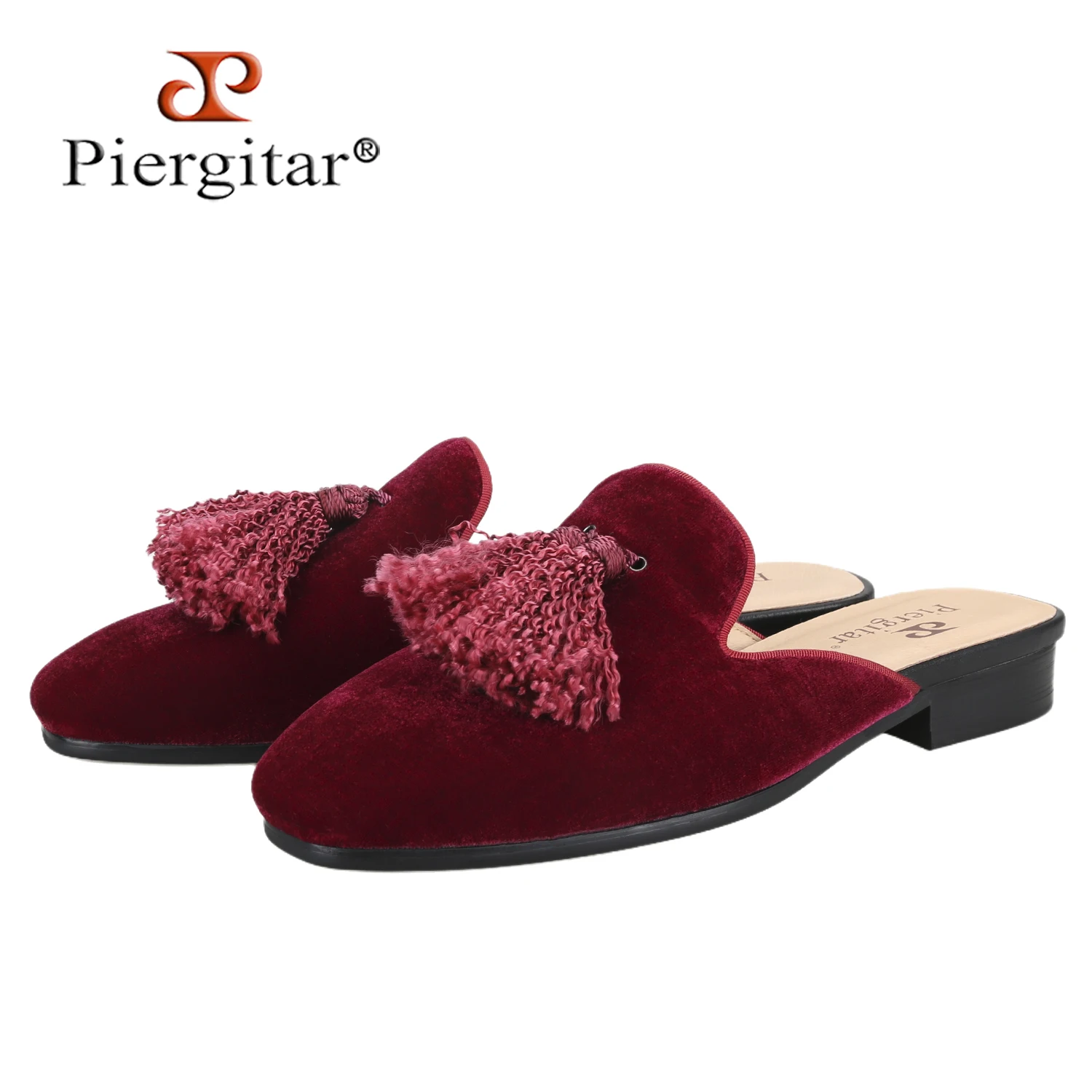 

Piergitar Band Burgundy Color Velvet Men Mules With Handmade Tassels For Indoor And Outdoor Wear Leather Insole Smoking Slippers