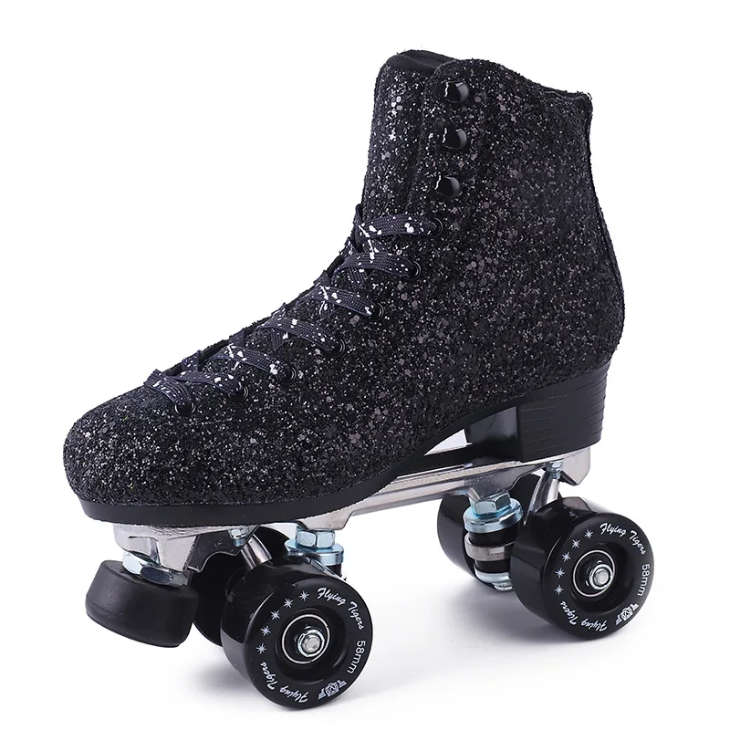 Black Suede Roller Skate, Double Row Quad Skate Shoes, Unisex Pro Sport Patines, Retro Sparkle Glitter Roller Skating Boots