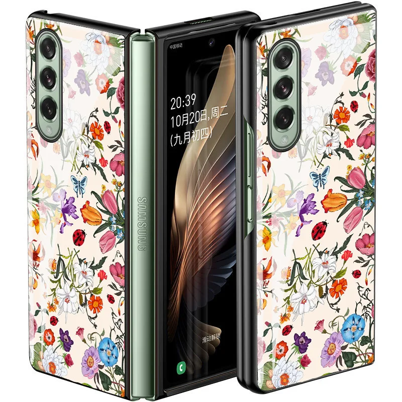 Z Fold 3 Funda Case for Samsung Galaxy Z Fold 3 W22 5G Retro Small Flower Floral Tempered Glass Protection Phone Case Cover