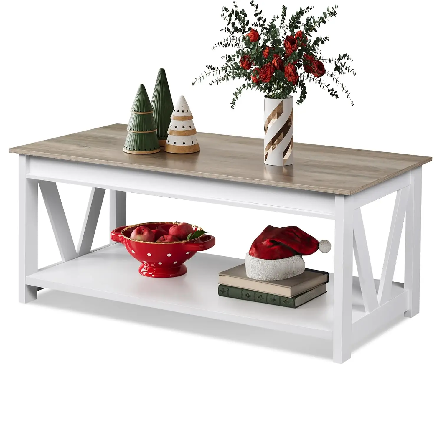 

White 43" Wood Coffee Table with Storage Shelf V-Shaped Support Living Room Bedroom Office Balcony, Customized
