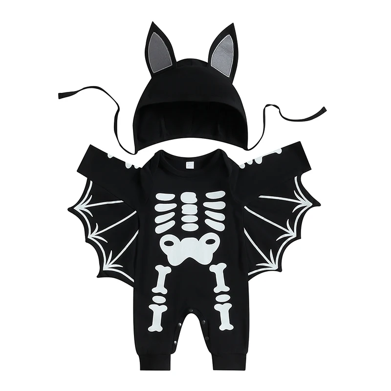 Baby Halloween Outfit Long Sleeve Crew Neck Skeleton Print Bat Jumpsuit with Hat for Girls Boys