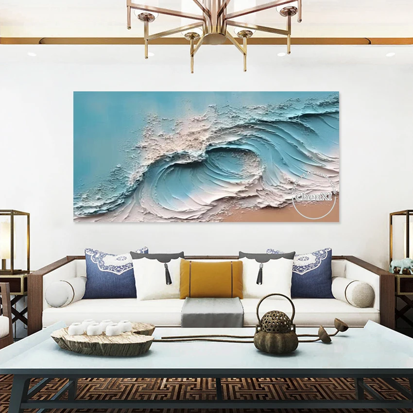 

3d картины маслом с морской волной, акриловый нож, холст, картина, абстрактный пейзаж, текстурированная стена, безрамное украшение, произведения искусства