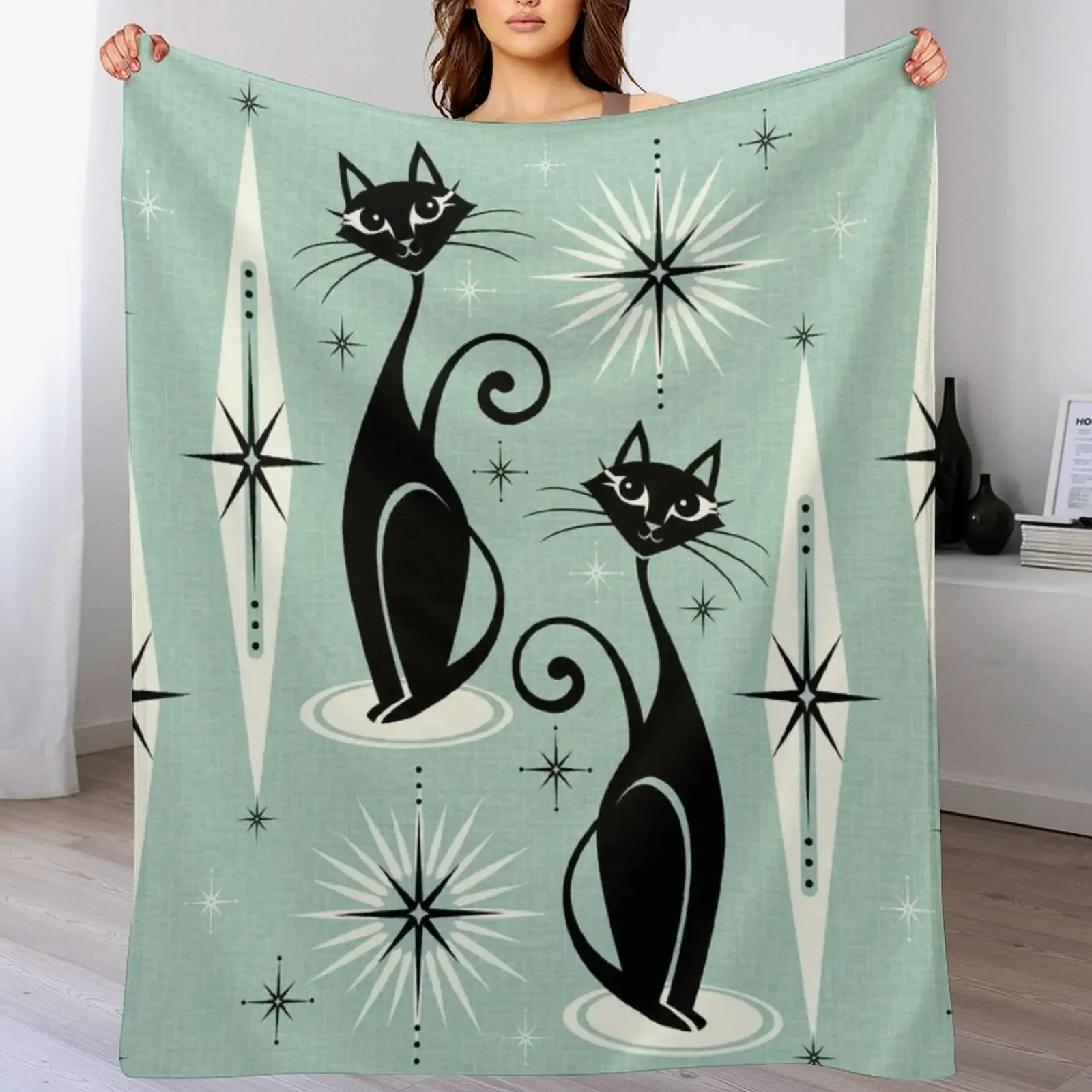 

Mid Century Meow Retro Atomic Cats on Vintage Mint studioxtine Throw Blanket Soft Solid Color Blanket for Couch Bed