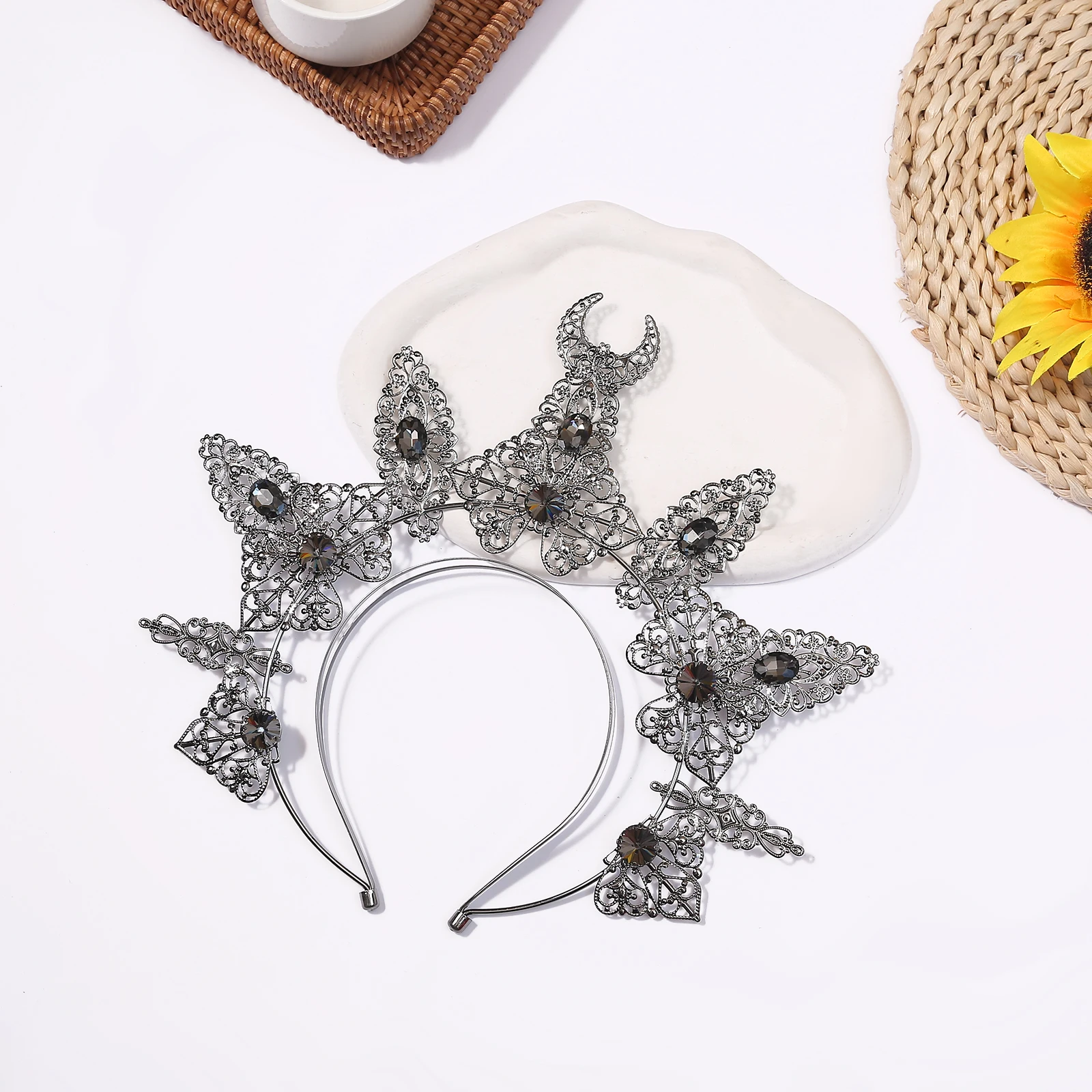 Moon Goddess Halo Crown Headband with Rhinestone, Metal Sunburst Costume Cosplay Masquerade Party Headpiece for Women