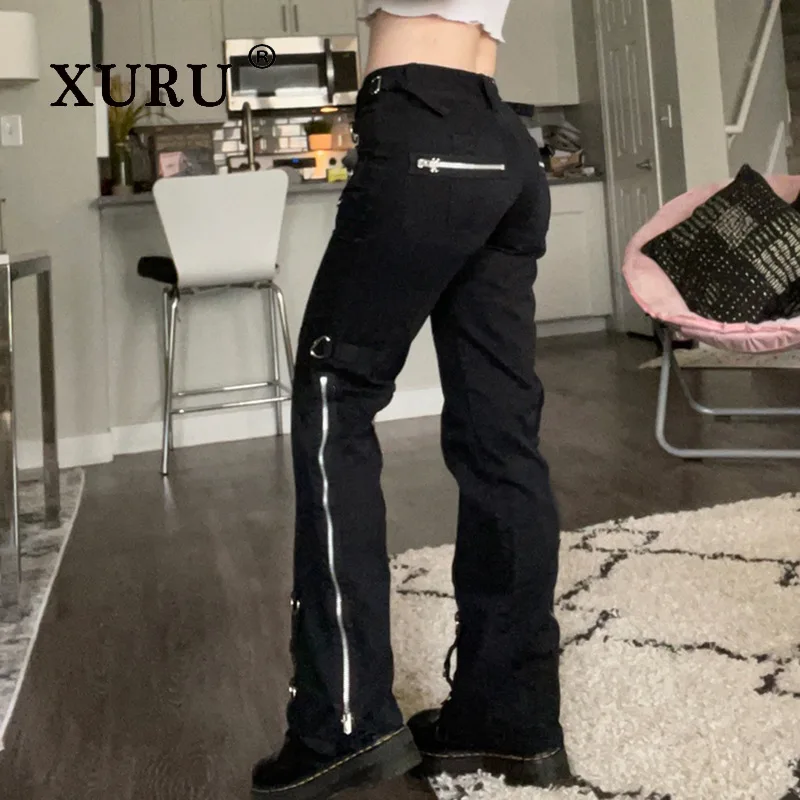 Xuru-女性用ローウエストジッパージーンズ,ブラックデニムパンツ,ストレートパンツ,ヨーロッパとアメリカ,新しいN5-HG10055