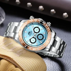 Automatic Mens Watch Self Wind Mechanical Gold Stainless Steel Glacier Ice Blue Dial Chestnut Brown Bezel Luminous Men Watches