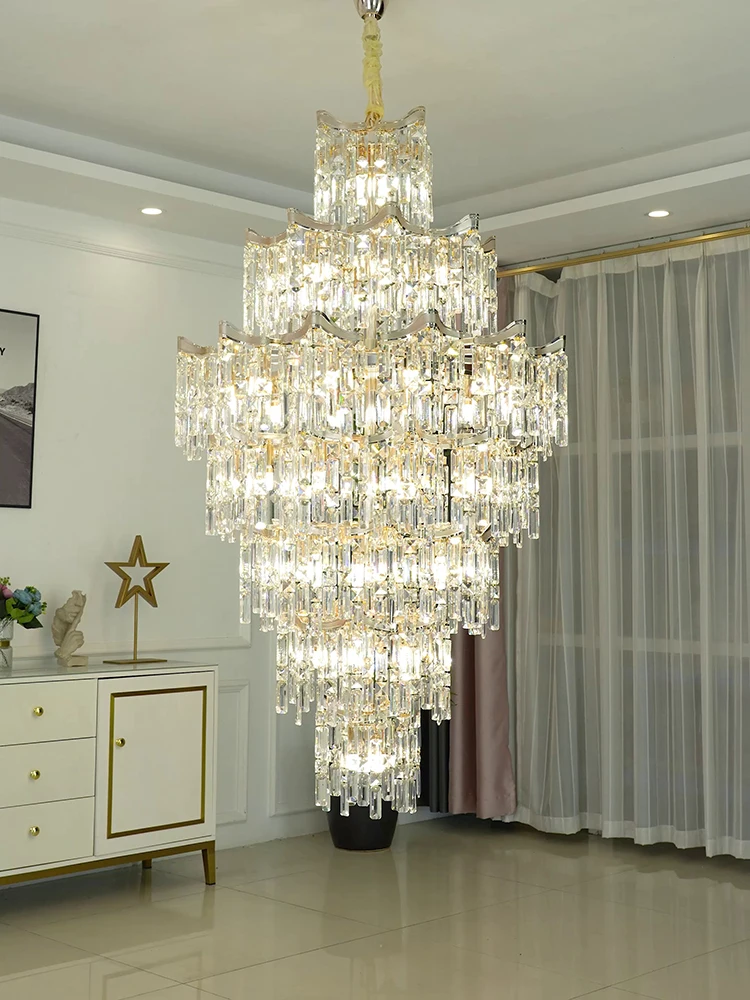 

New Design Modern High Ceiling Living Room Large Chandelier Atmospheric Staircase Villa Hall Long Golden Luxury LED Crystal Lamp