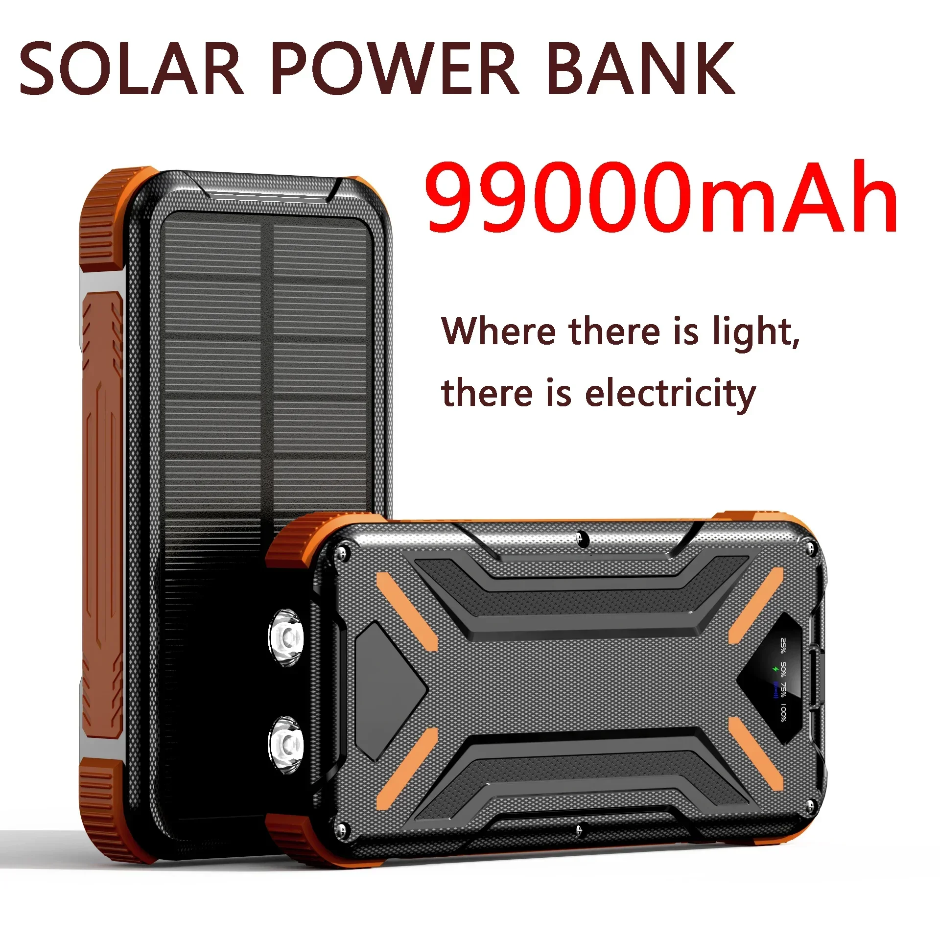 99000mAh External Battery Solar Power Bank LEDSOS Flashlight FAST Charging Portable Waterproof Powerbank for Smart Mobile Phone