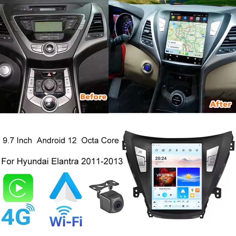 

Android 12 Car Radio Multimedia Stereo For Hyundai Elantra Avante I35 2011-2013 GPS 4G Carplay 9.7" Tesla Style DSP WIFI Player