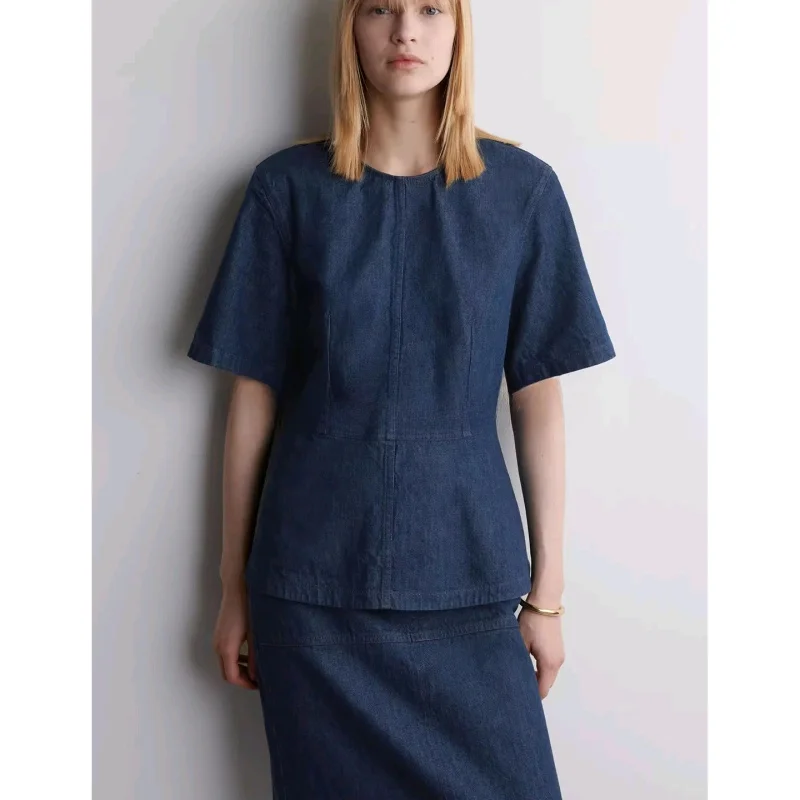 夏の新しいレディースカジュアルコットンデニムスタンダードフィットTシャツ、ウエストプリーツ入り、快適なルーズスタイル、ラウンドネック、半袖