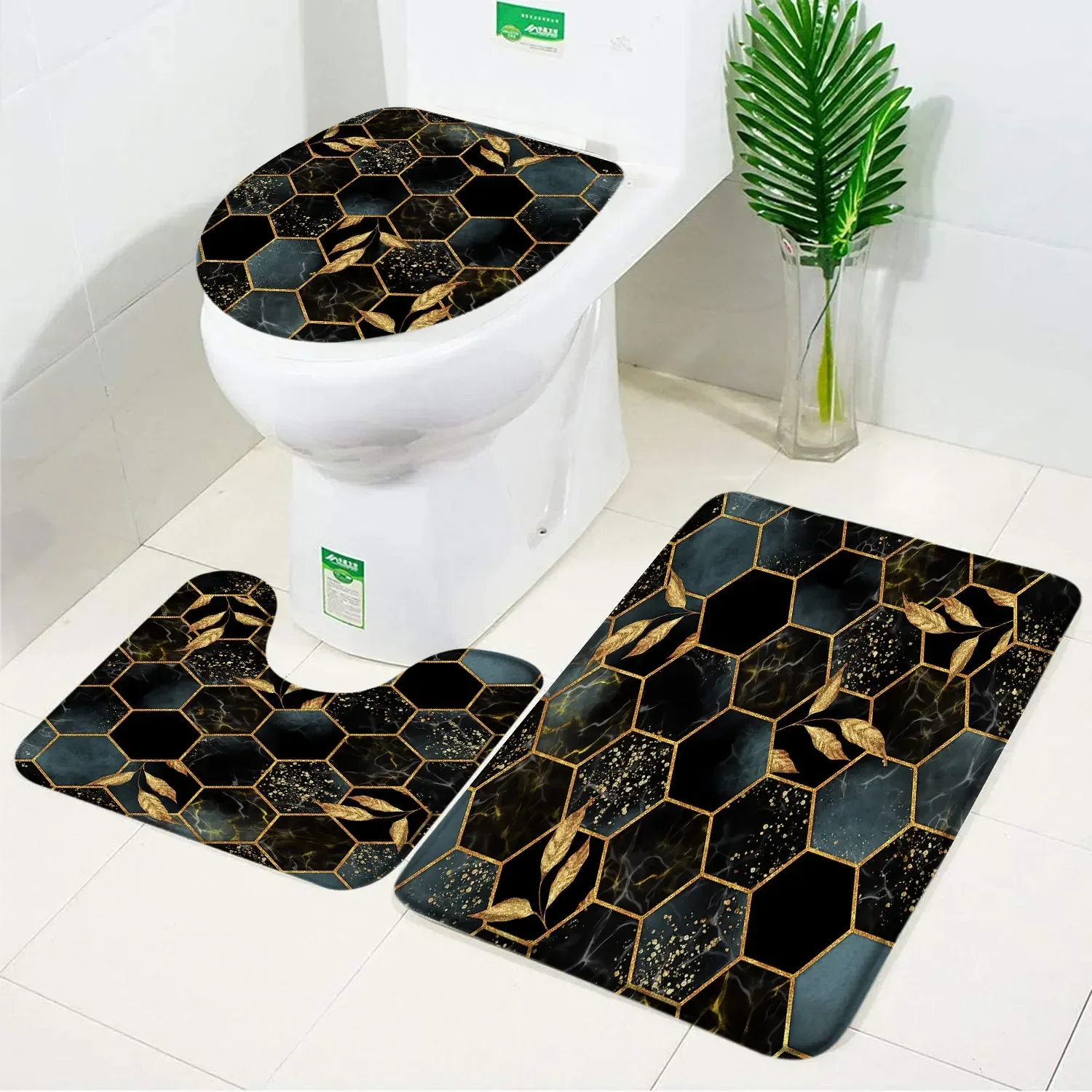 Black Marble Bath Mats Gold Grey Lines Creative Abstract Geometric Art Home 3pcs Sets Bathroom Door Rug Anti-Slip Toilet Lid Mat