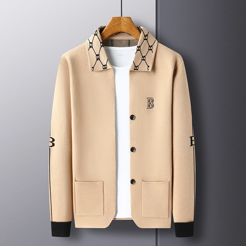 

High end brand fashion lapel knitted men's cardigan personality letter embroidery luxurious comfort pockets trendy button coat