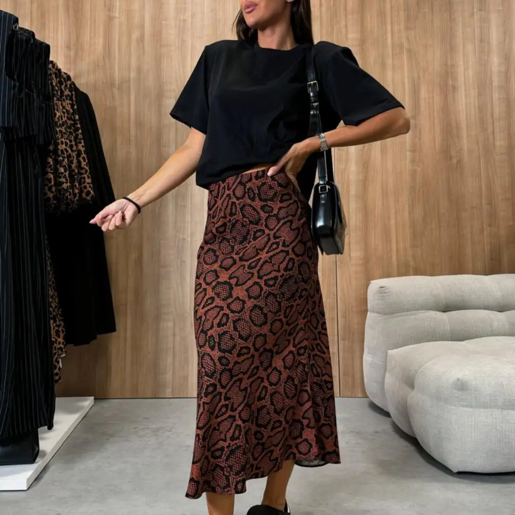 Leopard Print Midi Skirt Leopard Print High Waist Midi Skirt with Zipper Detail Loose Fit Commuting Style Mid-calf for Women