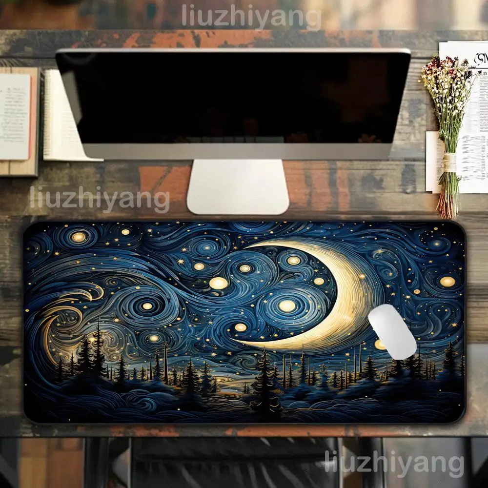 แผ่นรองเมาส์ลาย Starry Night ขนาดใหญ่ สำหรับคอมพิวเตอร์ สำนักงาน เล่นเกม แผ่นรองโต๊ะ XXL ยางกันลื่น ขอบเย็บ แผ่นรองคีย์บอร์ด แผ่นรองโต๊ะยาว