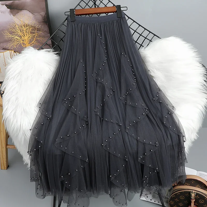 

Tutu Tulle Long Beading Mesh Skirt Women Fashion High Waist Pleated Black Skirt Mesh Female Lady Aesthetic Faldas