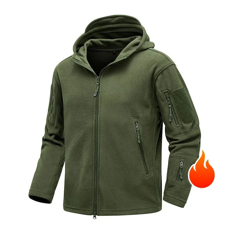 Winter Hooded Coats Men Tactical Sport Fleece Monolayer Outdoor Hiking Coat Full Zip Up Multi-Pockets Windproof Thickened Jacket