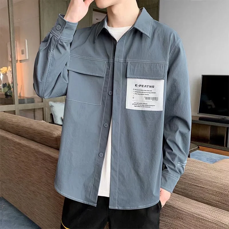 Casual Thin Long Sleeve Men's Shirt Trendy Autumn Fashion Hong Kong Style Japanese System Outerwear Loose Fit Youth Popular