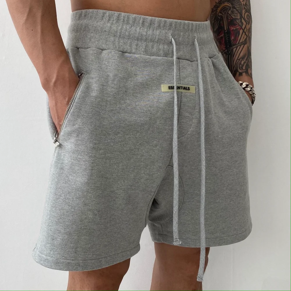 Men\'s Casual Classic Shorts Solid Color Fitness Workout Sport Shorts Athletic Cotton Sweat Shorts with Zipper Pockets