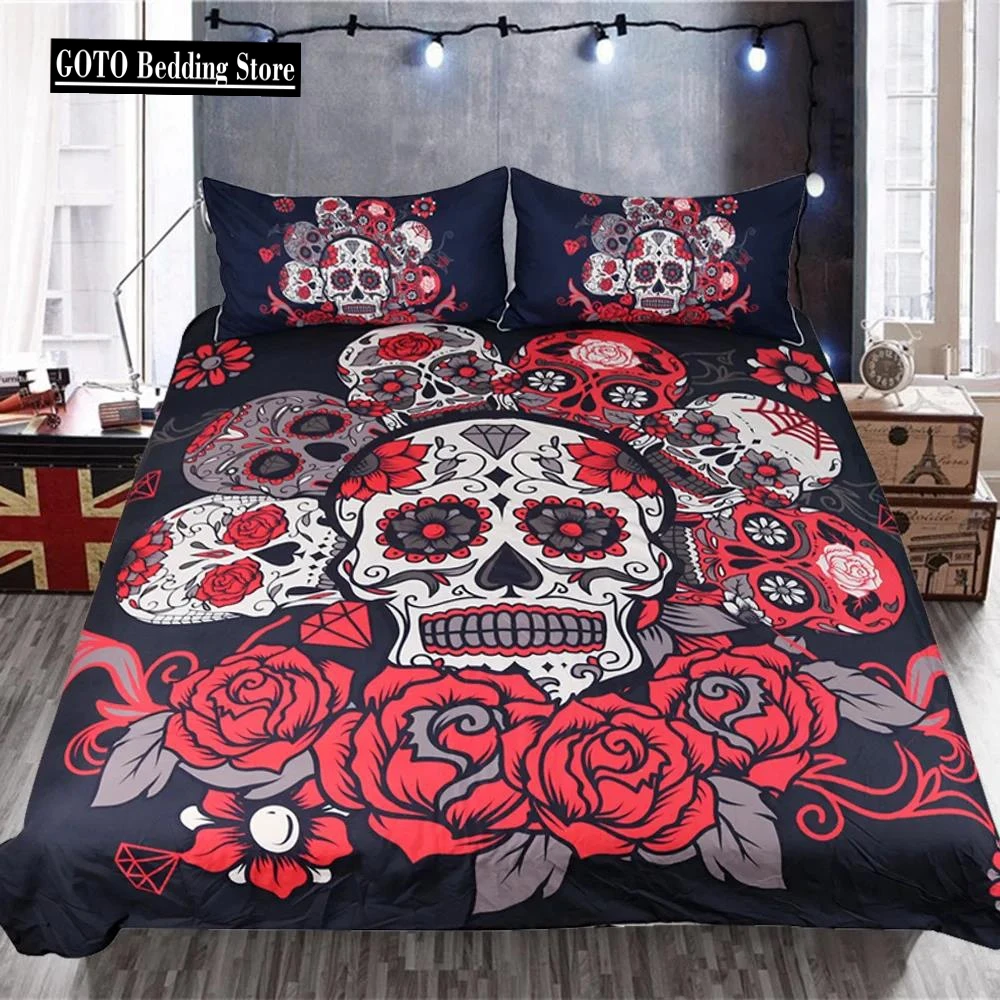 

Hot Red rose Flower Skull Queen Bedding Set Double Bed 2-3pcs Duvet Cover Pillowcases Comforter Bedding Sets King Size