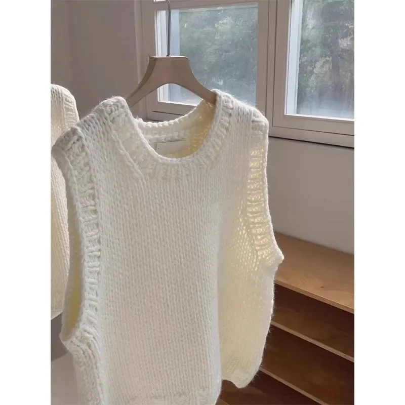 

2024, однотонные свободные майки Ropa Mujer, модные вязаные топы, повседневный жилет, свитер, женская одежда, жилет без рукавов с круглым вырезом