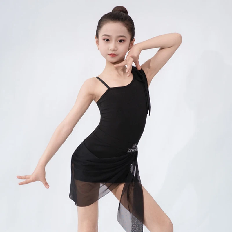 

Children Latin Dance Training Suit Summer Black Sleeveless Bodysuit Skirt Set Girl Latin Cha Cha Dancer Practice Clothes AMY3497