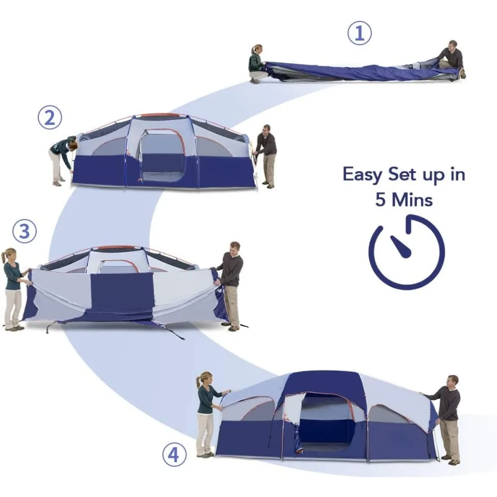 8 Person Camping Tents, Weather Resistant Family Tent, 5 Large Mesh Windows, Double Layer, Divided Curtain Freight free