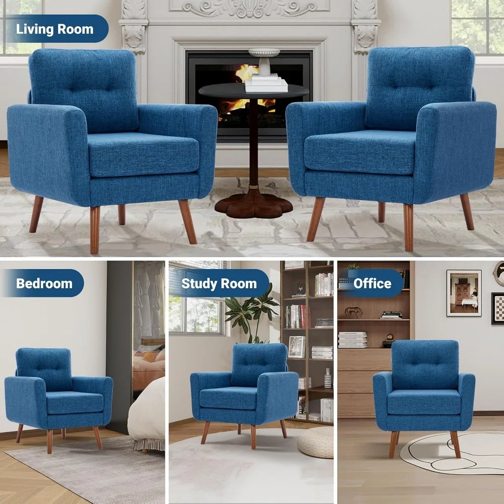 Mid Century Modern Linen Single Sofa Chair, Button-Tufted, Comfortable Reading Seating for Living Room, Bedroom, Blue - view 6