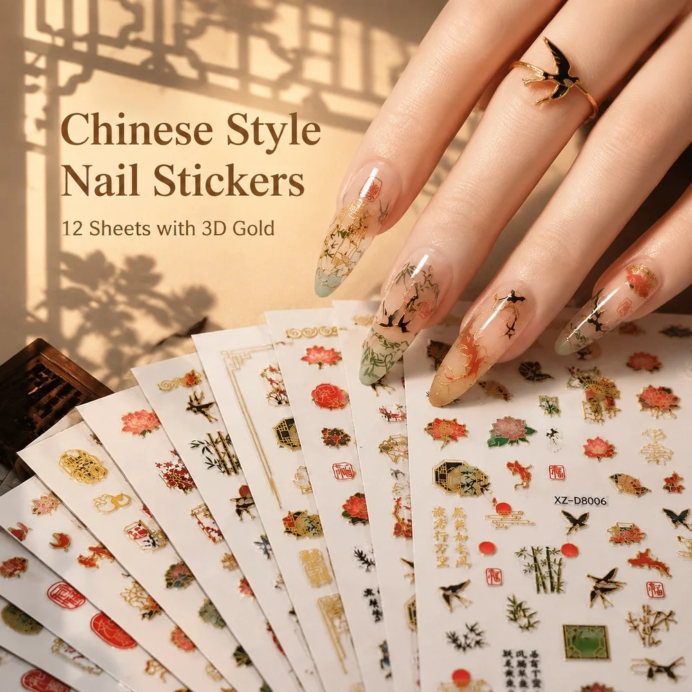 12Sheets Luxury Gold Hot‑Stamping Nail Decals Oriental Koi Lotus Crane Floral Elements Adhesive Stickers DIY Nail Art Supplies