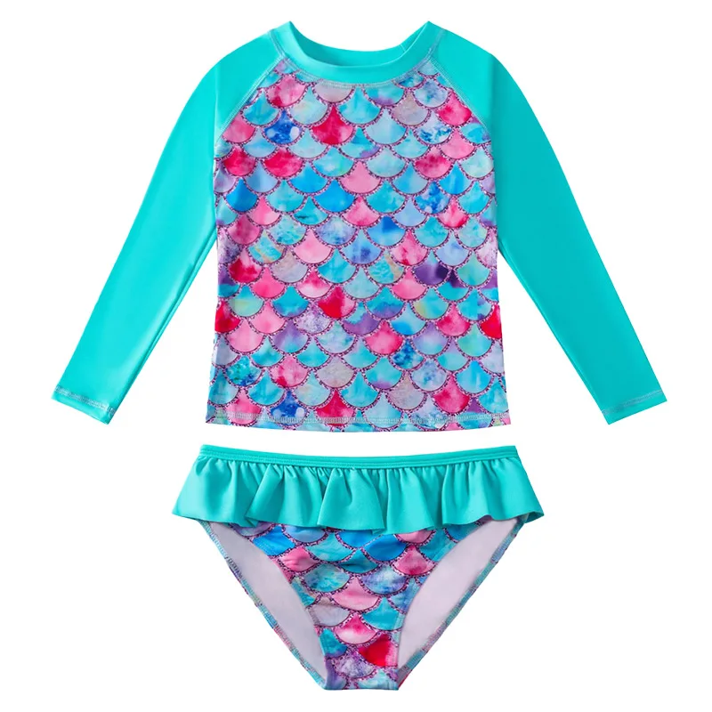 Traje de baño con abertura de sirena para niños, Bañador con estampado 3D de escamas de pescado, conjunto de 2 piezas, Top de manga larga y Bikini