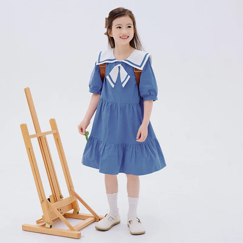 

Girls' Academy Style Dress Summer Navy Internet Celebrity Children's New Fashionable Little Girl Blue Princess Dress