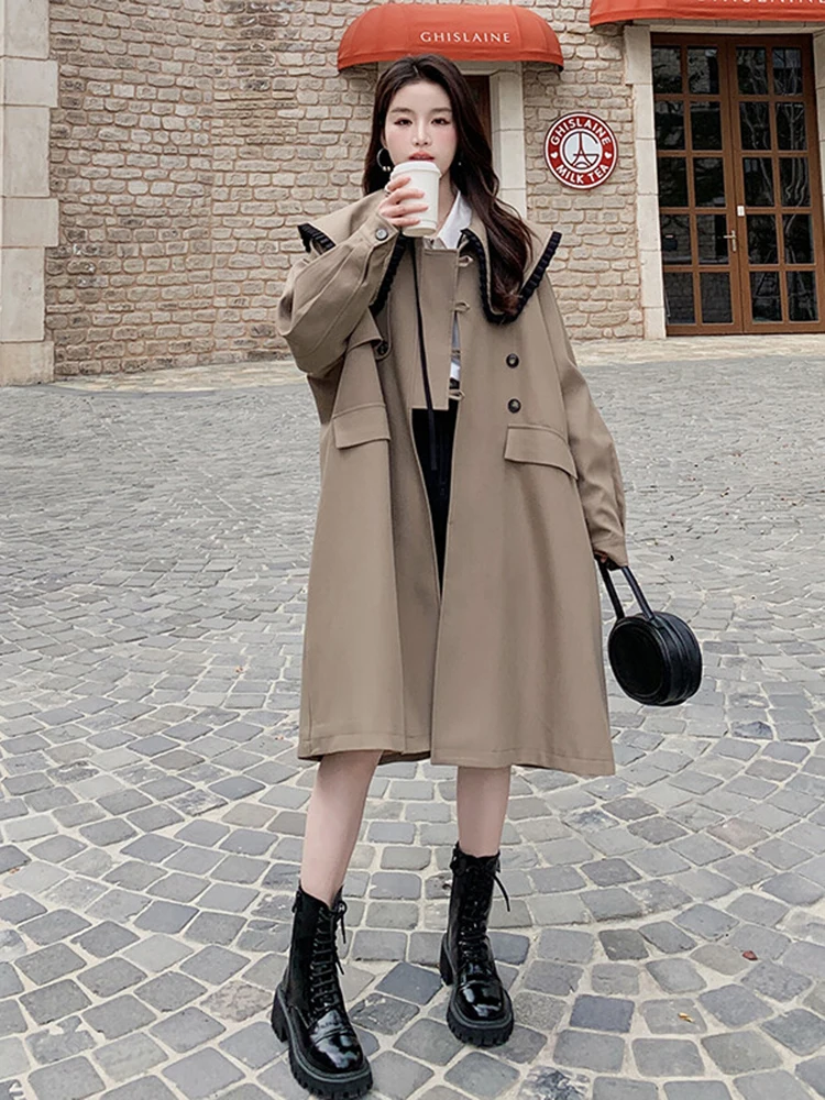 LANMREM Fashion Trench Women\'s Long Sleeves Contrast Color Single Breatsed Mid Length Windbreaker 2024 Autumn New 2Z2362