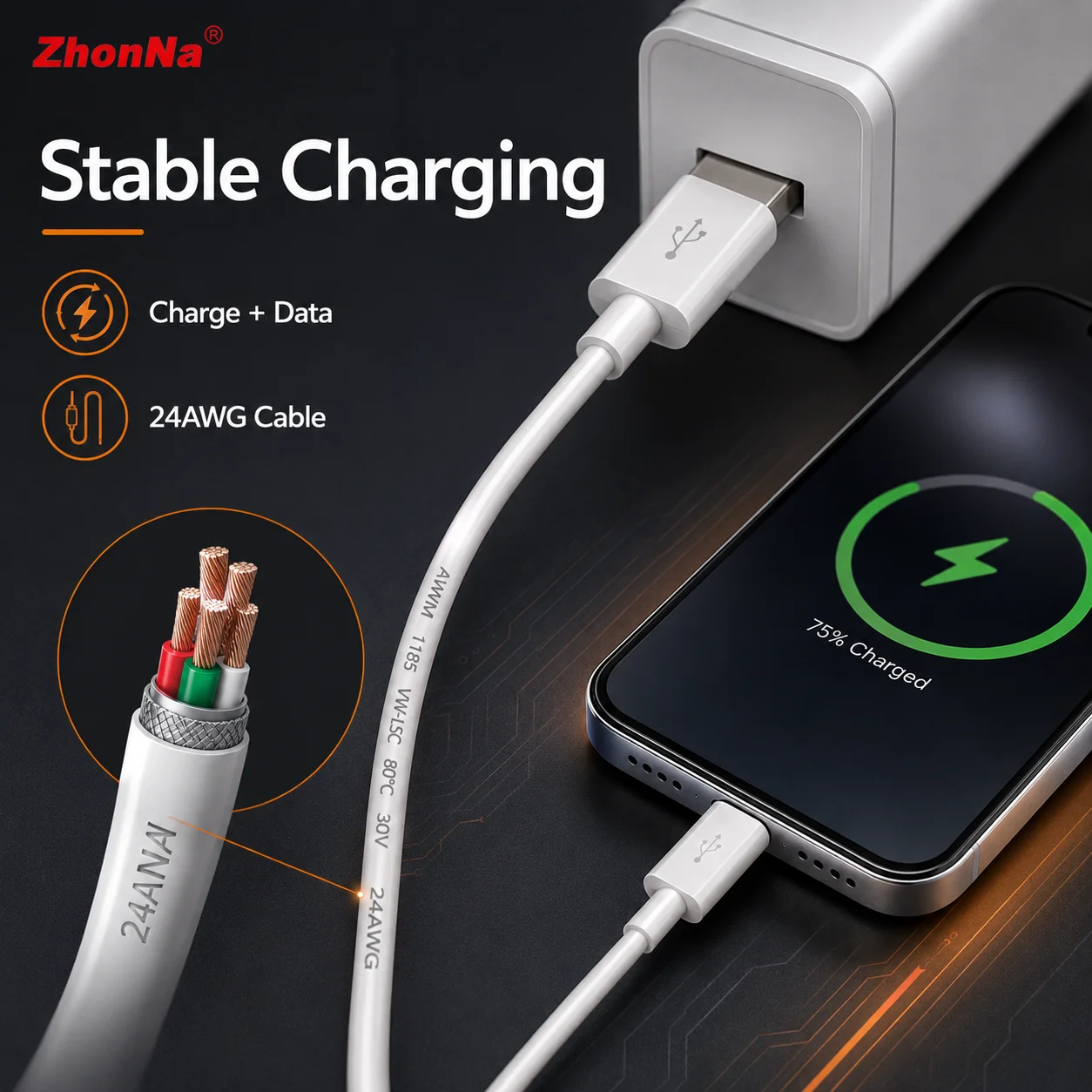 ZhonNa Micro USB Type-C Quick Charging Data Cable for Samsung Xiaomi Phones Professional Indicator Light Lamp Charging Accessory